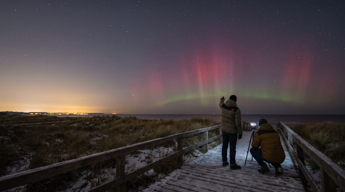 Zwei Menschen auf einem verschneiten Dünenweg an der Ostsee fotografieren rote Polarlichter mit dem Handy auf einem kleinen Stativ (KI-Symbolbild)