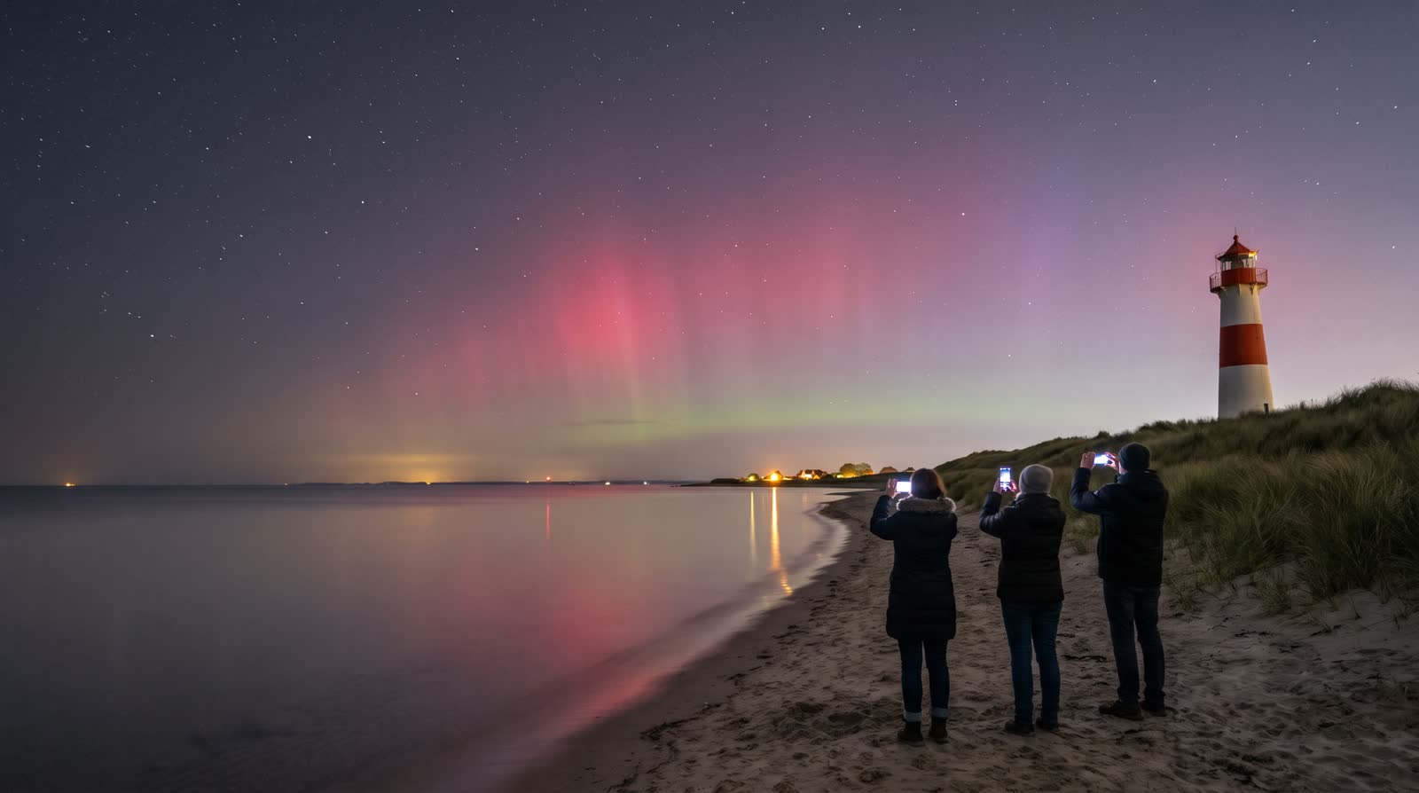 Polarlicht in Rot, Violett und Grün über der Küste mit Leuchtturm, drei Menschen fotografieren mit dem Handy (KI-Symbolbild)