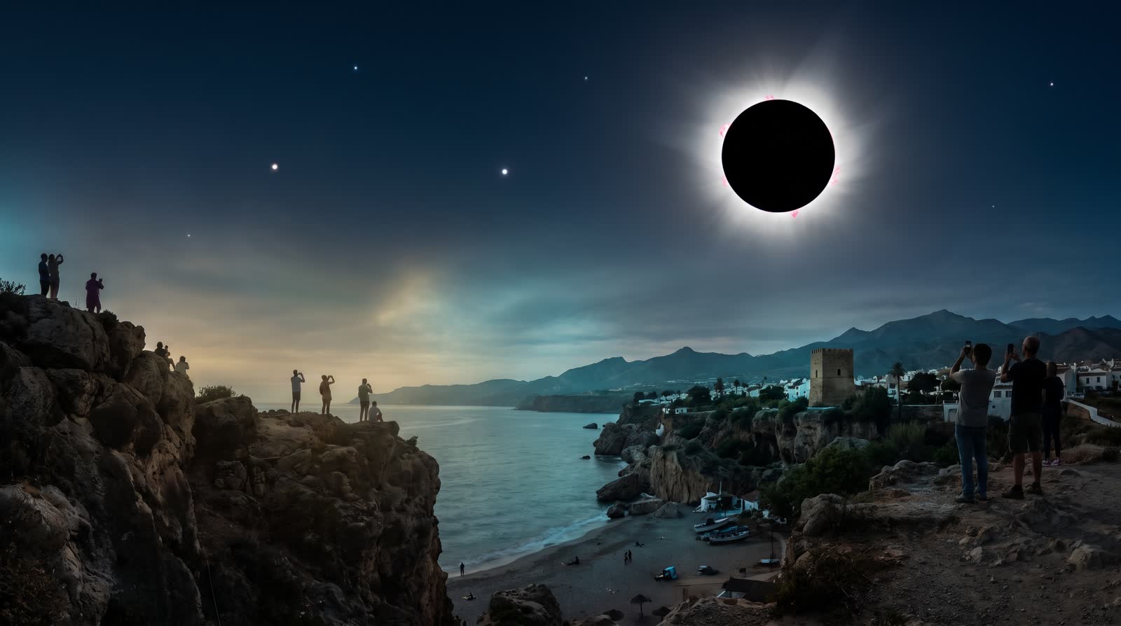 Totale Sonnenfinsternis mit leuchtender Korona über einer Steilküste in Andalusien, Menschen fotografieren mit dem Handy (KI-Symbolbild)
