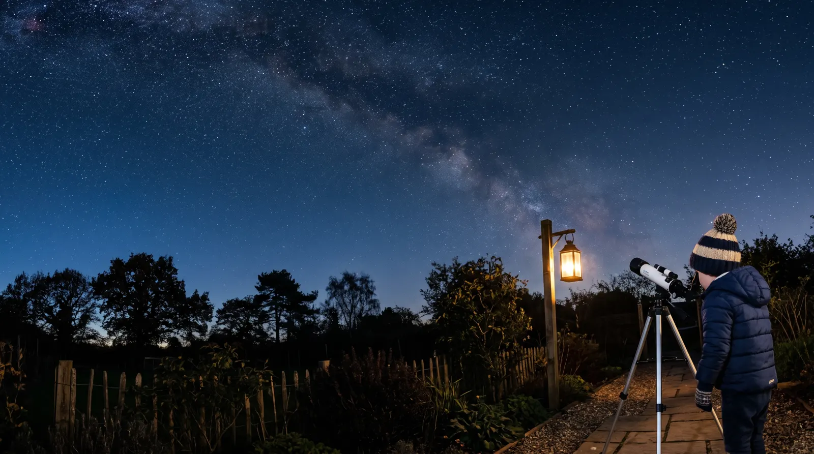 Kind schaut abends im Garten durch ein Teleskop auf den Sternenhimmel mit Milchstraße (Symbolbild)